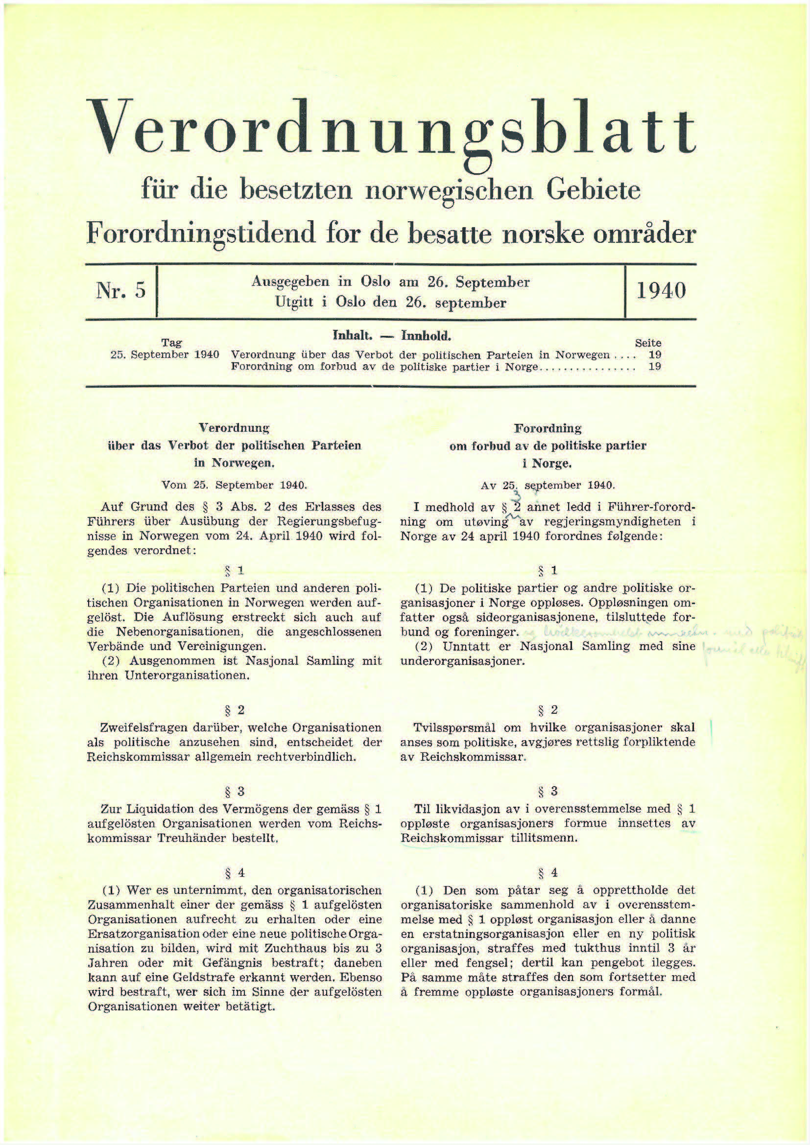 Forordning Om Forbud Av De Politiske Partier I Norge Av 25. September 1940